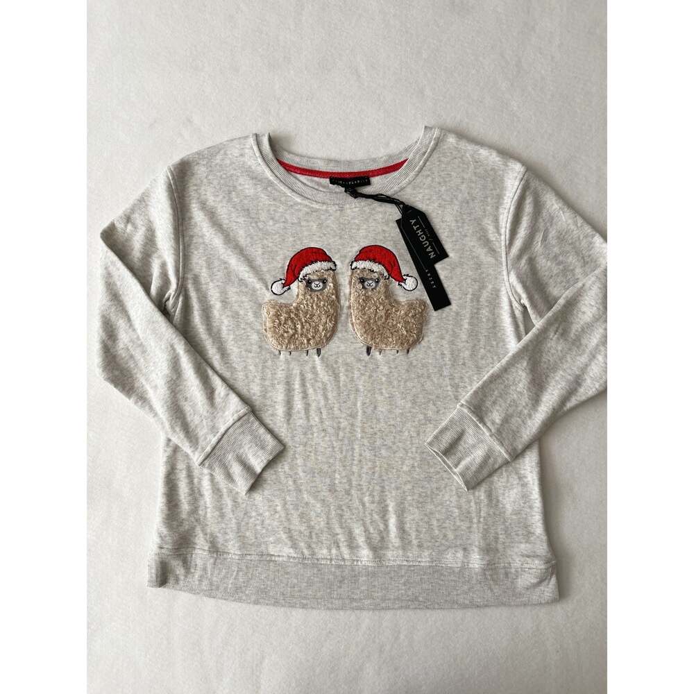 Jane + Delancey Sweater Women M Gray Christmas Llama Fuzzy Santa Hat Pullover